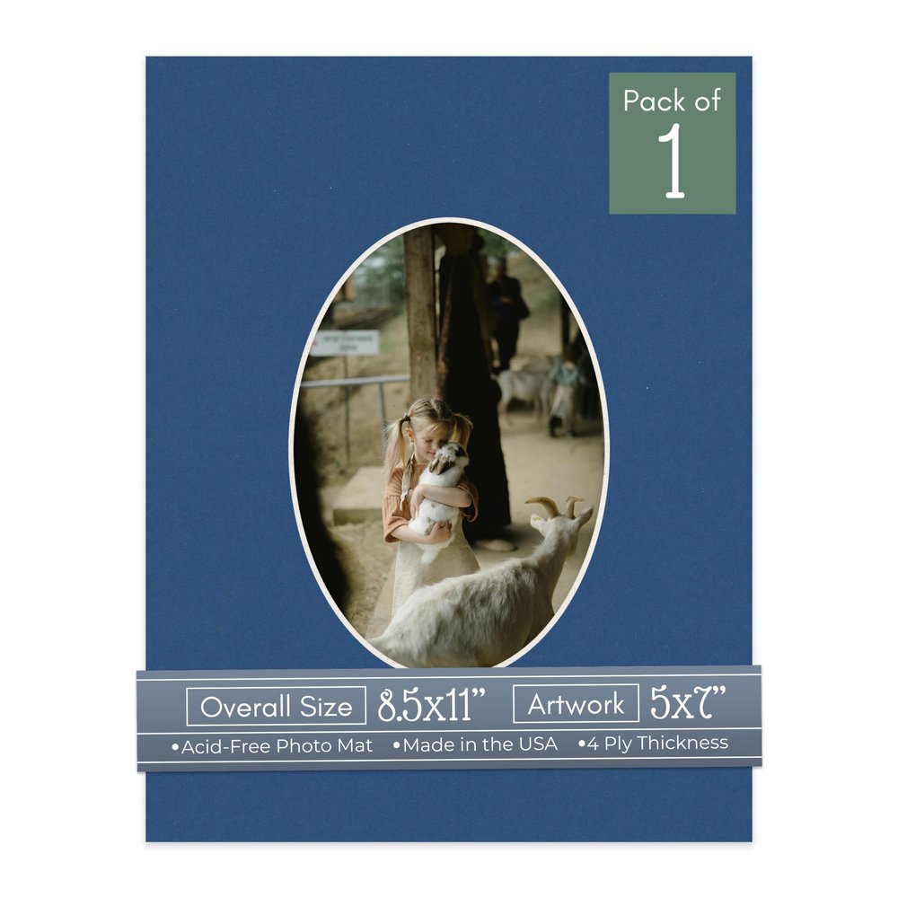 CountryArtHouse Bottle Blue Acid Free 8.5x11 Oval Picture Frame Mat with White Core Bevel Cut for 5x7 Pictures - Fits 8.5x11 Frame - Pack of 1 Matboard Show Kit with Acid Free Backing & Clear Bag