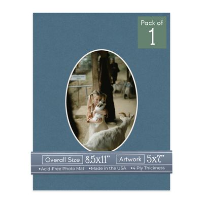 CountryArtHouse Steel Blue Acid Free 8.5x11 Oval Picture Frame Mat with White Core Bevel Cut for 5x7 Pictures - Fits 8.5x11 Frame - Pack of 1 Matboard Show Kit with Acid Free Backing & Clear Bag