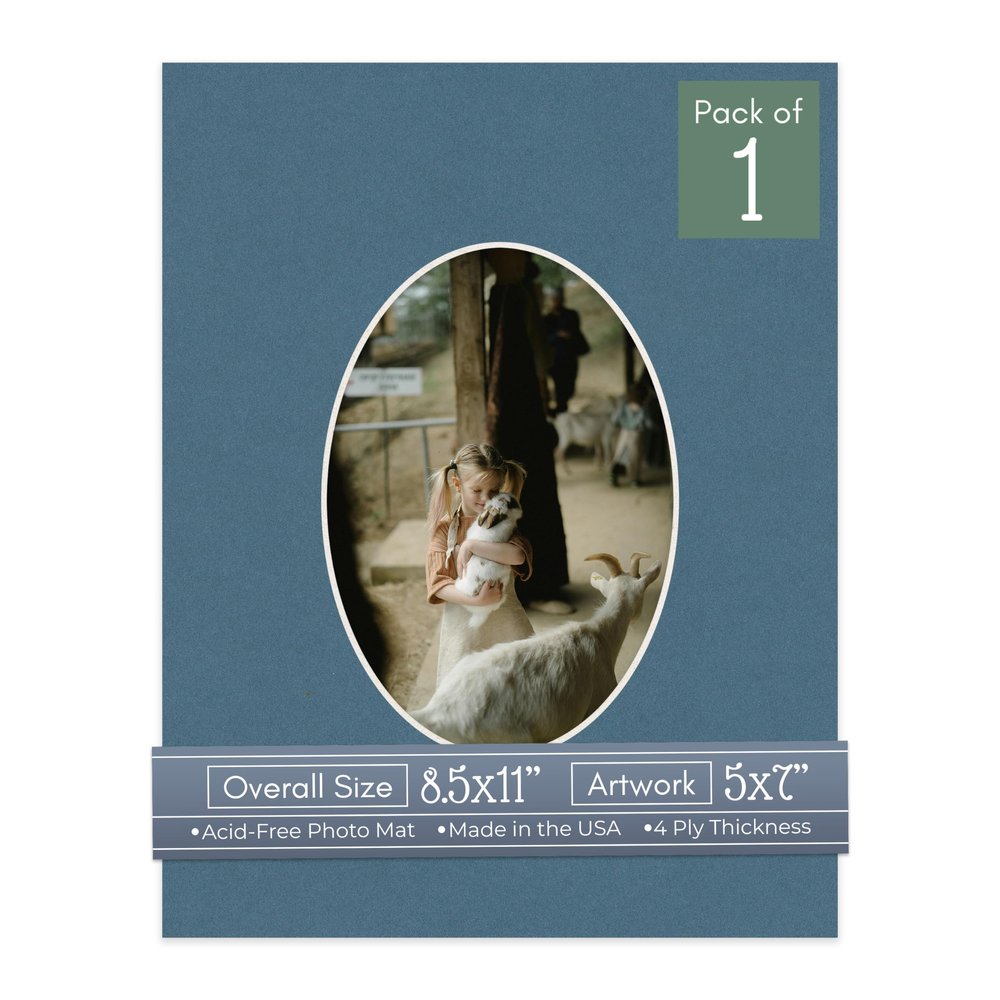 CountryArtHouse Steel Blue Acid Free 8.5x11 Oval Picture Frame Mat with White Core Bevel Cut for 5x7 Pictures - Fits 8.5x11 Frame - Pack of 1 Matboard Show Kit with Acid Free Backing & Clear Bag