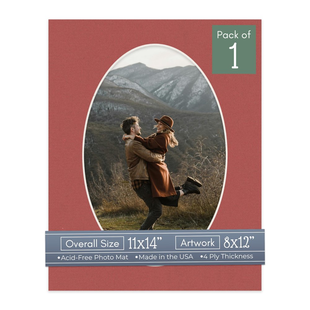 CountryArtHouse Brick Red Acid Free 11x14 Oval Picture Frame Mat with White Core Bevel Cut for 8x12 Pictures - Fits 11x14 Frame - Pack of 1 Matboard Show Kit with Acid Free Backing & Clear Bag