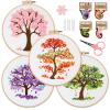 Sivilife Embroidery Starter Kit for Beginners, 4 Sets Stamped Cross Stitch Kits for Adult, Seasonal Tree Pattern Hand DIY Kits with 2 Embroidery Hoop Instructions Color Threads Needles and Scissor view 1