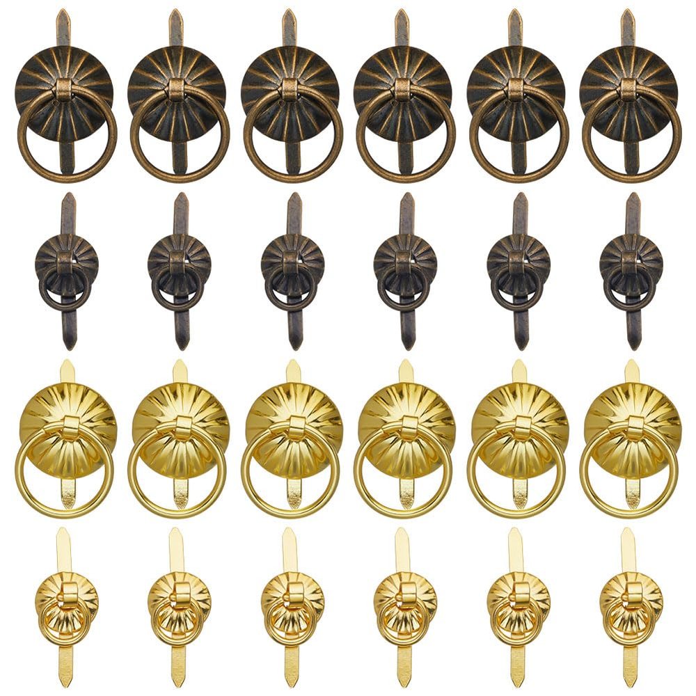 GORGECRAFT 40PCS 4 Styles Metal Brad Fasteners Small Ring Pulls Flower Handle Rings Mini Brad Paper Fastener for Decorative Jewelry Box Chest Drawer Cabinet Mini Journals Storage Decoration