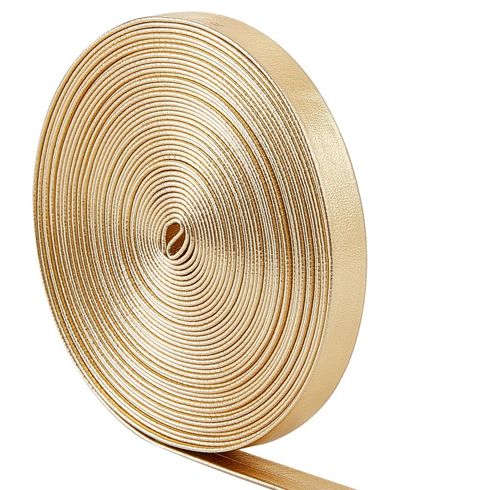 GORGECRAFT 5.5Yds x 0.31" Gold Metallic Leather Straps Shiny Flat Leather Cord Glossy Pu Leather Stripper Beading String Ribbon Crafts Double Sided Strips Faux Supplies for Pillow Making Craft