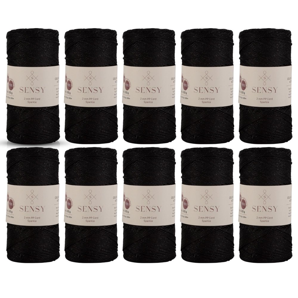 10 Skeins of Sensy Premium 2mm 251 Yards Sparkle Polyester Rope 90% Polypropylene 10% Polyester Cord Macrame Cord 2mm Crochet Bag Cord Macrame Rope Crochet Thread for Knitter (Black Sparkle)