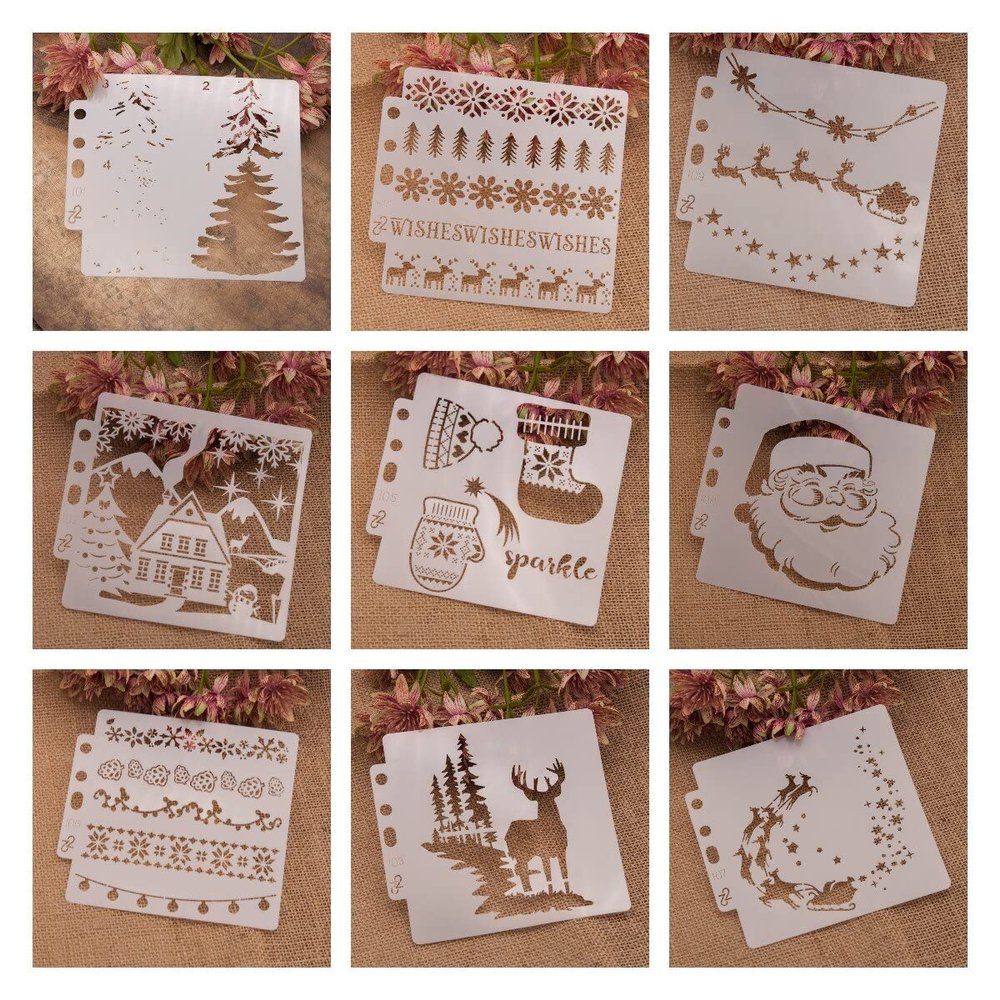 9Pcs 13cm Christmas Santa Clause Stencils for Painting On Wood,Reusable Home Decor Stencils, Stencils and DIY Templates for Signs, Crafts, Art