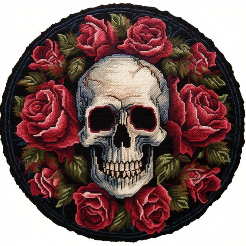 Red Rose Skull Latch Hook Rug Kits Latch Hook kit Cushion Blanket Embroidery Craft Kits for Beginner DIY Latch Hook Carpet Rug Kit with Printed Canvas Hobby & Craft 60x60cm(i121)