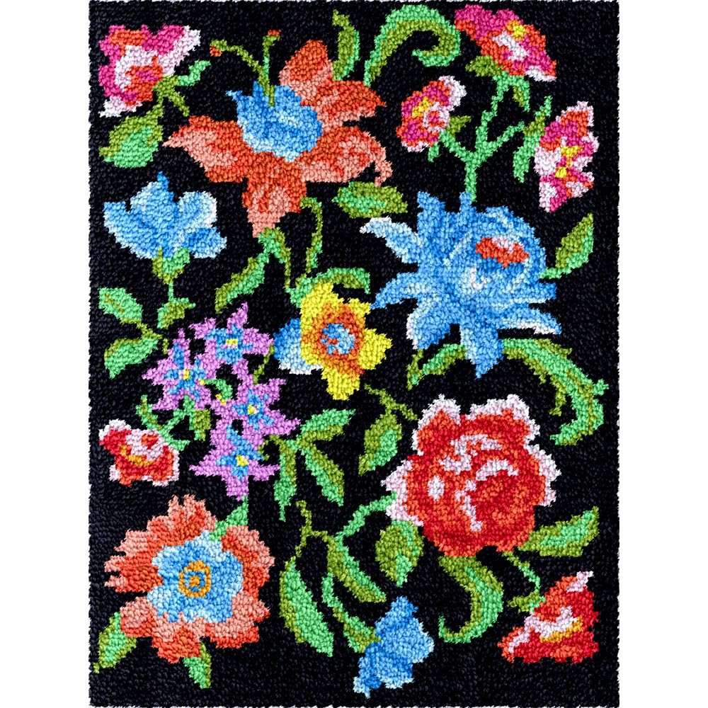 Yglnden Latch Hook Kit Rug DIY Throw Cover Crochet Needlework Colour Printed Canvas Decor for Adults (Flower D:61x87cm/24 X34)
