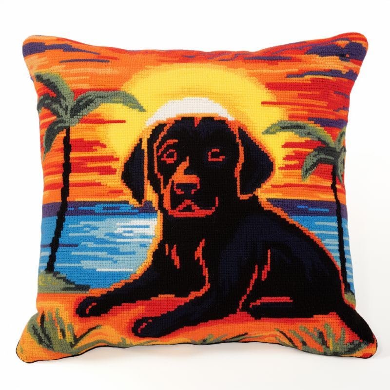 Latch Hook Pillow Kit Set Cushion Cover Sunset Labrador Latch Hook Carpet Rug Pillow Cover Throw Pillow Craft Kits with Printed Canvas 17 x 17 Inch(o-29)