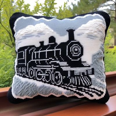 Latch Hook Pillow Kit Set Cushion Cover Steam Train Latch Hook Carpet Rug Pillow Cover Throw Pillow Craft Kits with Printed Canvas for Starter 17 x 17 Inch(o-43)