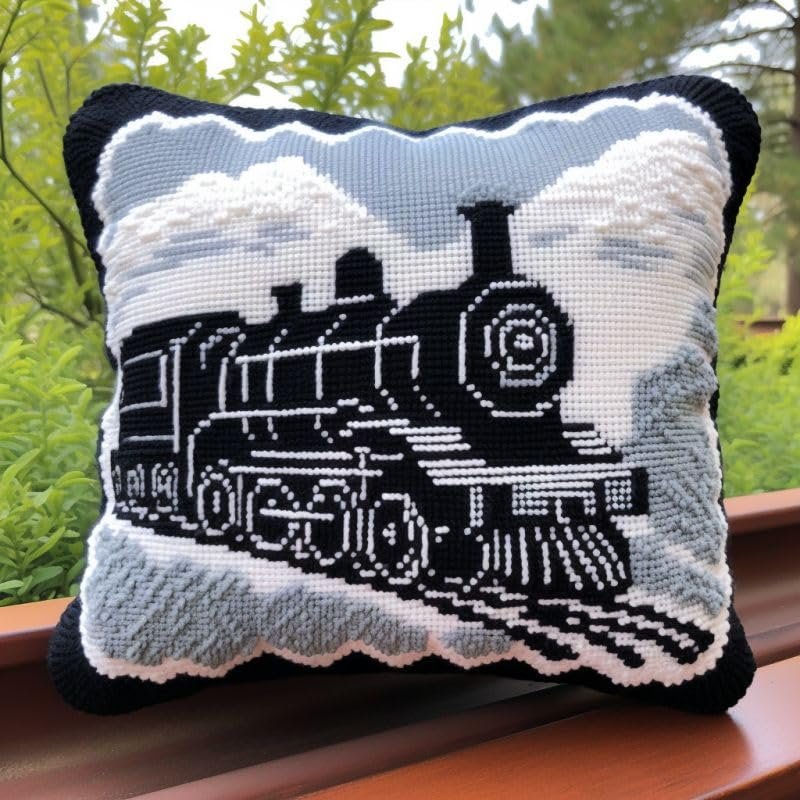 Latch Hook Pillow Kit Set Cushion Cover Steam Train Latch Hook Carpet Rug Pillow Cover Throw Pillow Craft Kits with Printed Canvas for Starter 17 x 17 Inch(o-43)