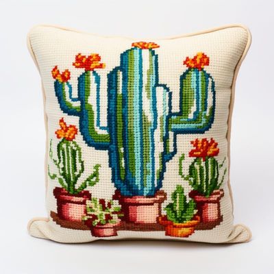 Latch Hook Pillow Kit Set Cushion Cover Flower Cactus Latch Hook Carpet Rug Pillow Cover Throw Pillow Craft Kits with Printed Canvas 17 x 17 Inch(037)