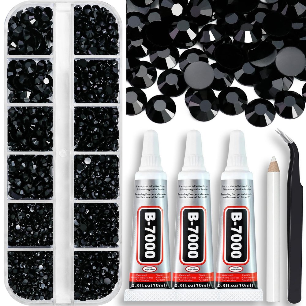 Towenm Rhinestone Bedazzler Kit with B7000 Glue, 4000PCS Solid Black Rhinestones for Crafts Clothes Shoes, Glue Fix Flatback Gems for Nails Face Jewelry, Mixed 5 Sizes 2/3/4/5/6mm Bejeweled Kit