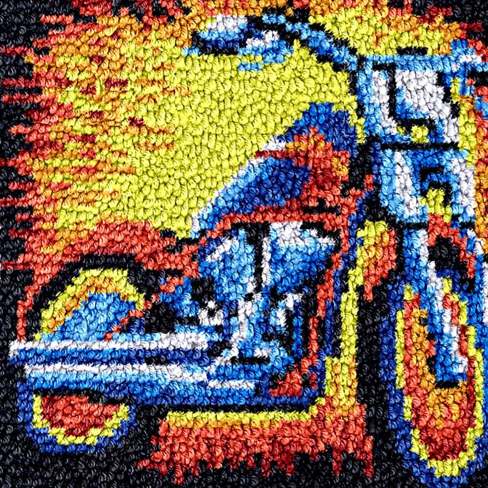 Blue Motorcycle Latch Hook Rug Kit for Adults Carpet Cushion with Printed Canvas Crochet Yarn Craft DIY Handmade Tapestry for Home Decoration Pets Warm Pads 60x40cm