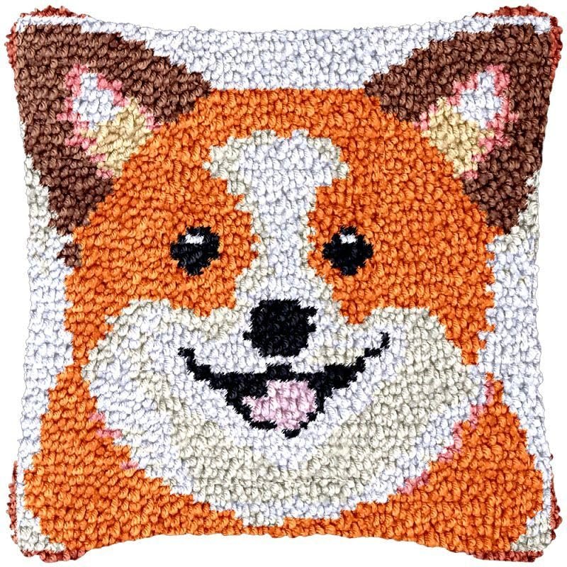 Beginner Latch Hook Kits Pillow Cover Set Shiba Inu Sofa Cushion Latch Hooking Handmade Cushion Rug Acrylic Yarn Printed Pillowcase Craft Kits Set 17 x 17 Inch