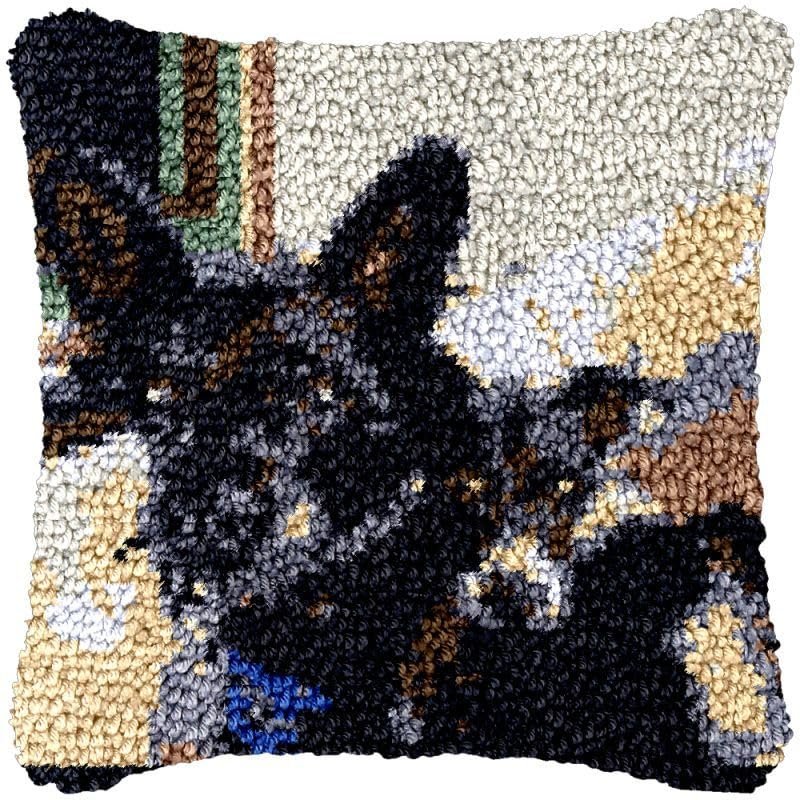 Beginner Black Dogs Latch Hook Kits Pillow Cover Set Sofa Cushion Latch Hooking Carpet Rug Acrylic Yarn Printed Pillowcase Craft Kits with Tools Sofa Decor 17 x 17 Inch