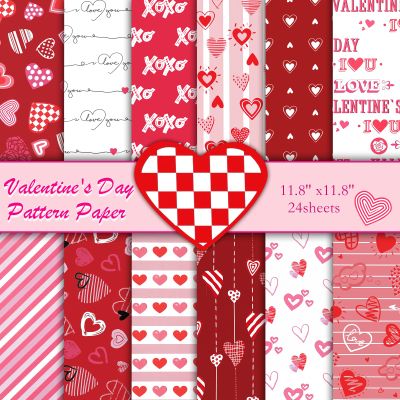 Konsait 24 Sheets Valentines Day Scrapbook Paper 12x12 Double Sided Decorative Cardstock Craft Paper for Card Making Anniversaries Pink Patterned Papers Red Origami Papers Valentine Scrapbook Supplies