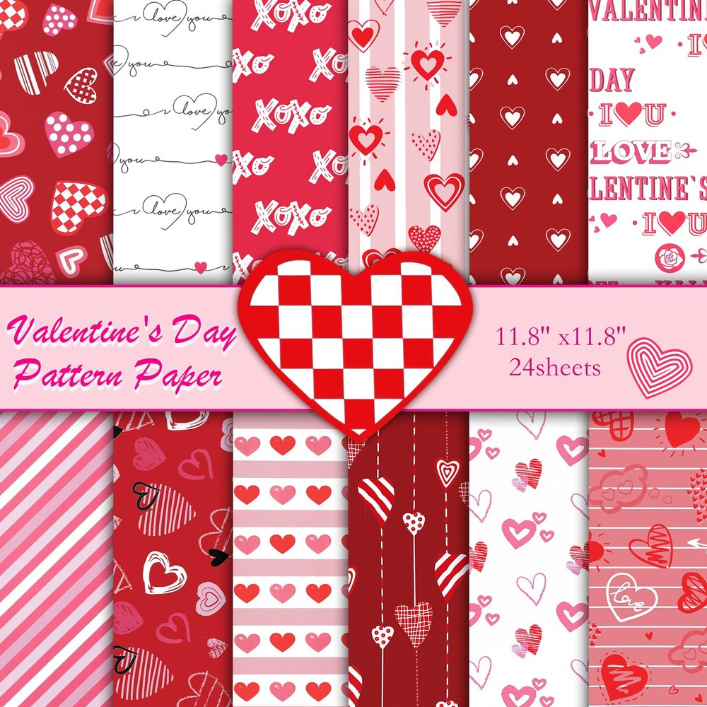 Konsait 24 Sheets Valentines Day Scrapbook Paper 12x12 Double Sided Decorative Cardstock Craft Paper for Card Making Anniversaries Pink Patterned Papers Red Origami Papers Valentine Scrapbook Supplies
