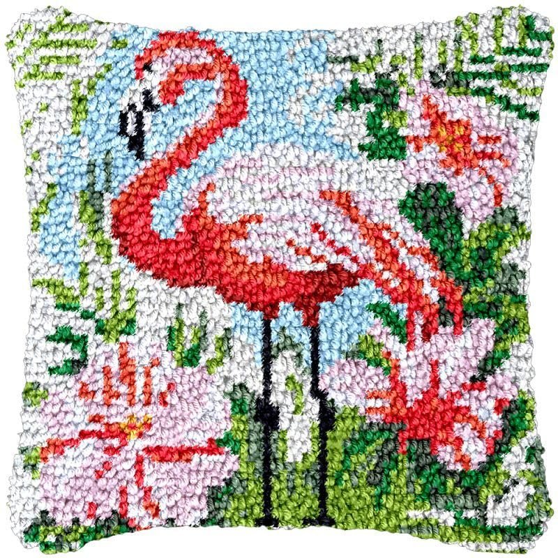 Beginner Latch Hook Kits Pillow Cover Set Flower Famingo Sofa Cushion Latch Hooking Handmade Cushion Rug Acrylic Yarn Printed Canva Pillowcase Craft Kits Set 17 x 17 Inch