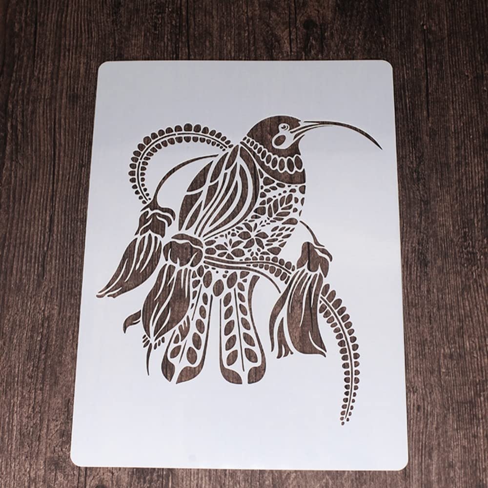 A4 29cm Mandala Hummingbird Stencils for Painting On Wood,Reusable Home Decor Stencils, Stencils and DIY Templates for Signs, Crafts, Art