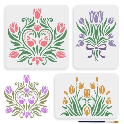 MAYJOYDIY Tulip Stencils for Painting, 11.8 x 11.8 inches, 3 Piece Set with Paint Brush for Home Wall Wood Decor
