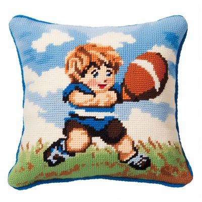 Beginner Latch Hook Kits Pillow Cover Set Rugby Boy Player Sofa Cushion Latch Hooking Handmade Cushion Rug Acrylic Yarn Printed Canvas Pillowcase Craft Kits Home Decor 17 x 17 Inch