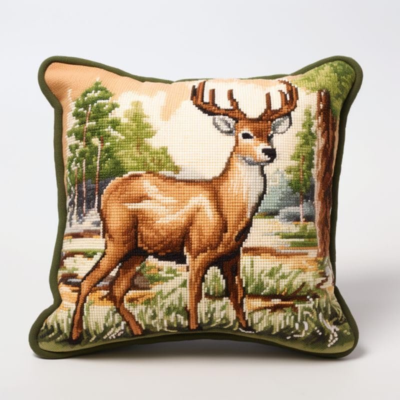 Beginner Latch Hook Kits Pillow Cover Set Forest Deer Baby Sofa Cushion Latch Hooking Handmade Cushion Rug Acrylic Yarn Printed Canvas Pillowcase Craft Kits 17 x 17 Inch(f69)