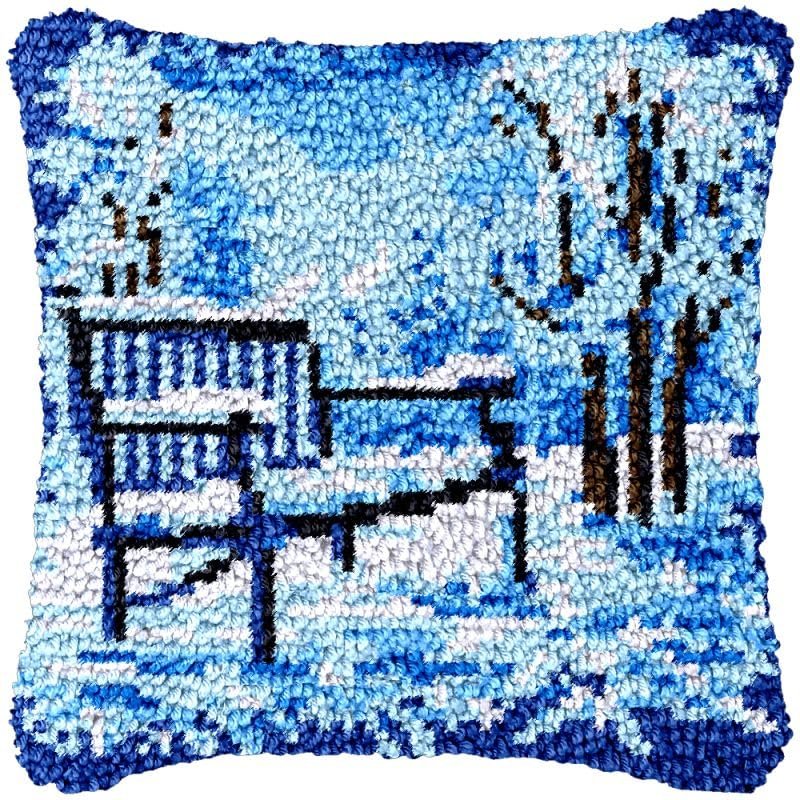 Beginner Latch Hook Kits Pillow Cover Set Blue Christmas Snow Sofa Cushion Latch Hooking Handmade Cushion Rug Acrylic Yarn Printed Canvas Pillowcase Craft Kits 17 x 17 Inch(f84)