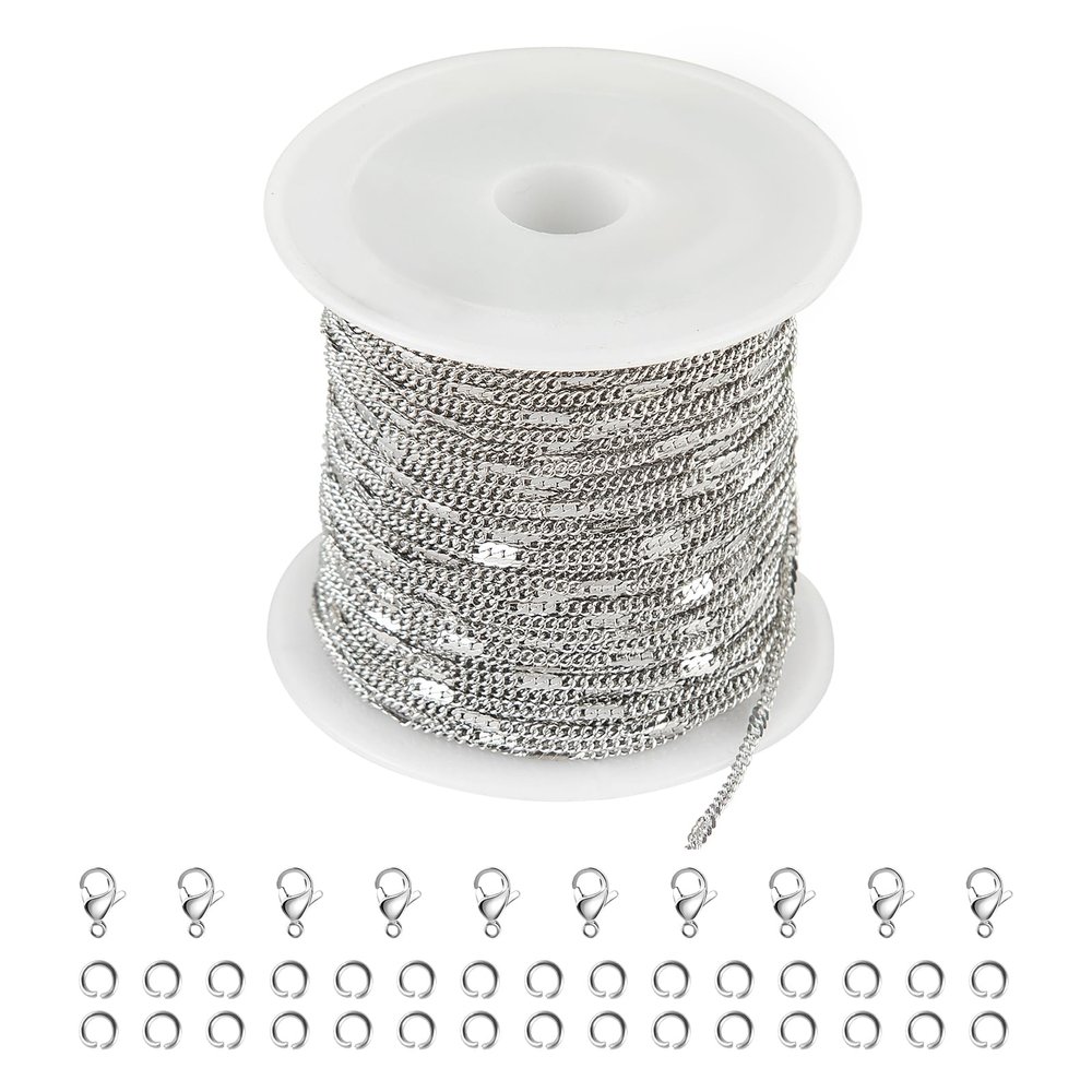 Kyutong 10M Stainless Steel Chain for Jewelry Making Thin Curb Silver Chains for Necklace Bracelet Making Supply Jewelry Findings