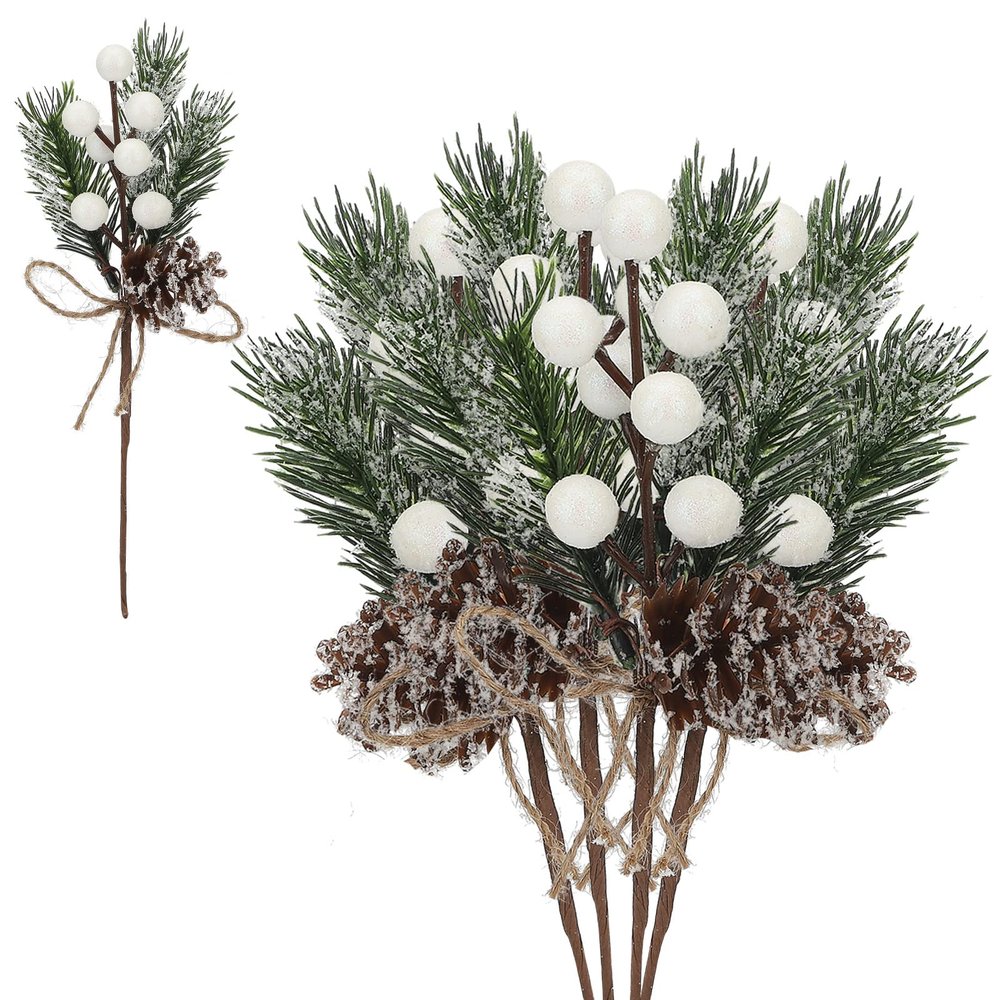 BEIJIALY 20 pcs Artificial Pine Picks, Christmas Berry Stem Christmas Floral Picks, Christmas Pine Cones Artificial Pine Needles Evergreen Pine Branches for Xmas DIY Crafts Decor(White)