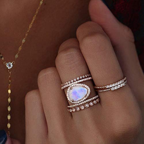 CIUFEWEK 14k Rose Gold Micro Set Women's Ring Irregular Moonlight Stone Ring Personalized Layered Hand Ring 10