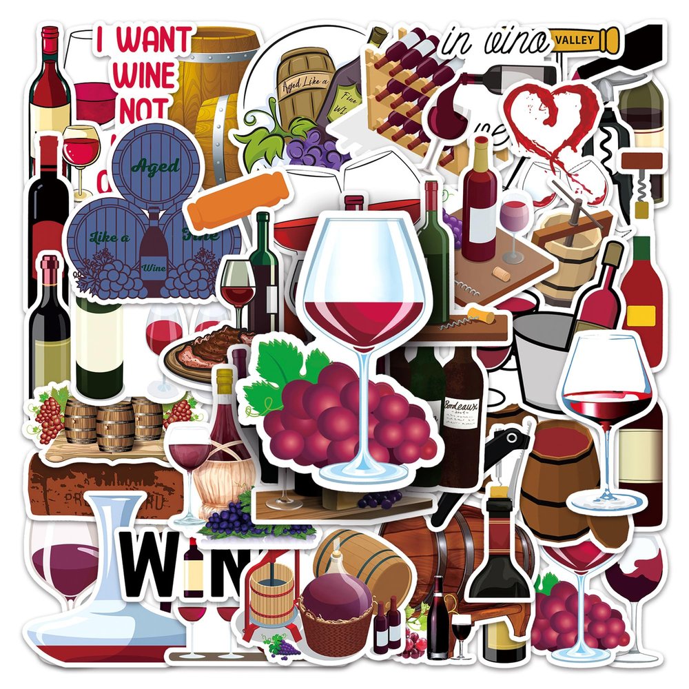 Aiwuding Wine Stickers Pack, 50PCs, Red Wine Stickers, Vinyl Decal & Stickers for Hydro Flask, Laptop, Water Bottle, Stickers for Kids, Toddlers, Teens, Girls, Cute Cool Car Stickers (Wine)