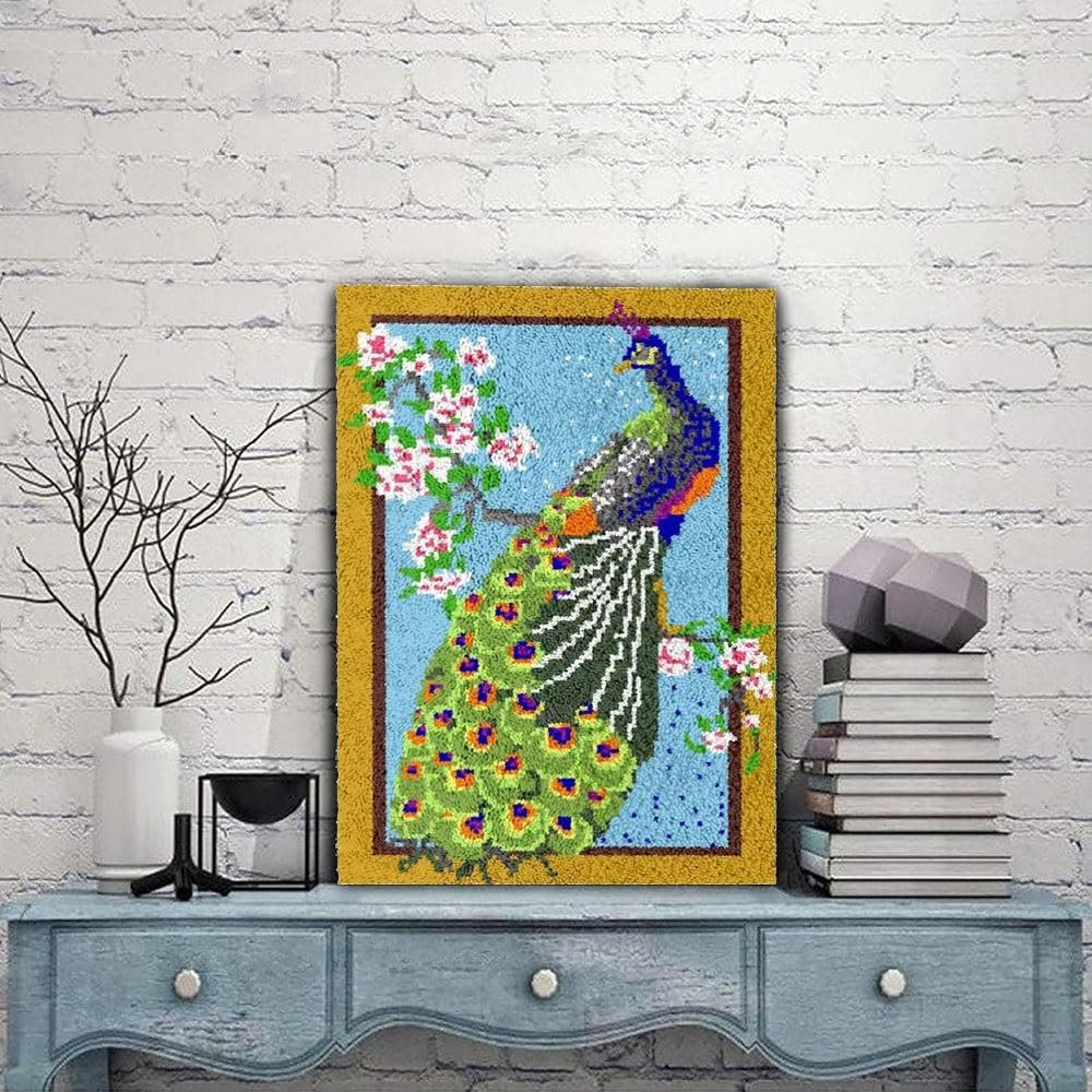 JILIP Peacock Latch Hook Rug Kits, DIY Adults Crafts Carpet Tapestry, Hand Craft Embroidery Rug Making Kits Hook Mat Home Decoration (Size : 110 * 85CM/45.2 * 31.4")
