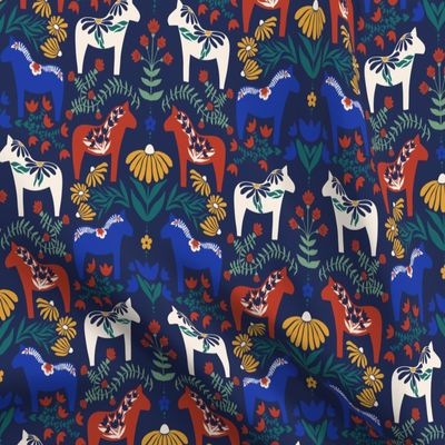 Fabric Folk Art Scandinavian Horse Swedish Dala Dalecarlian Tulip Flowers Printed on Organic Cotton Sateen Fabric Fat Quarter - Sewing Quilting Apparel Home Decor