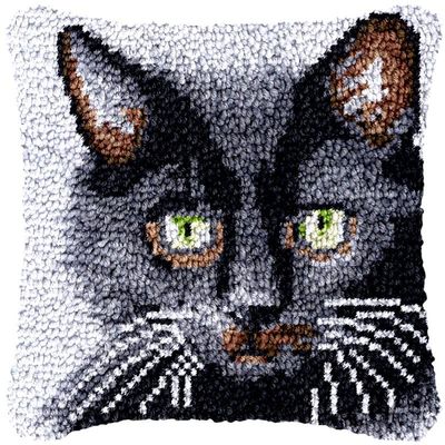 Latch Hook Kits Pillow Cover for Beginner Color Printed Canvas Yarn Crocheting Carpet Cushion Embroidery Hook and Latch Pillowcase Sofa Decoration 43x43cm Black Cat 4