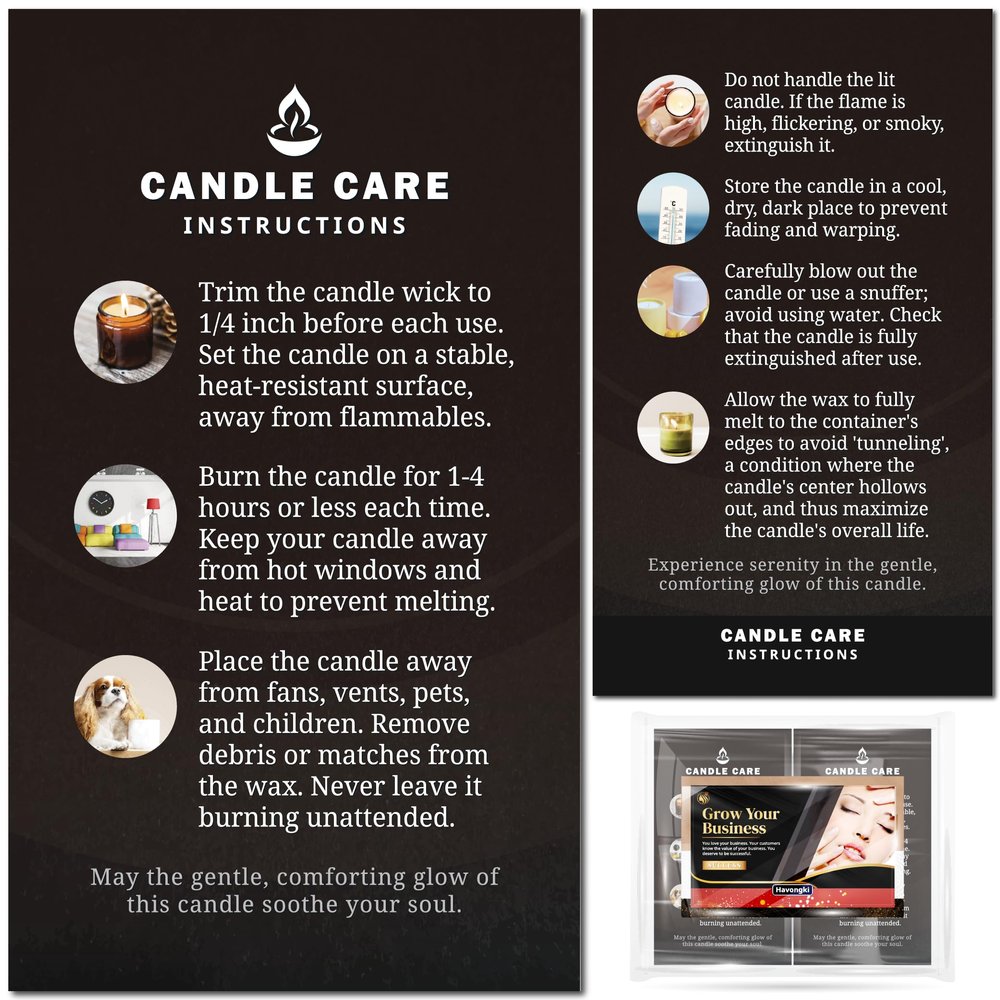 Havongki - 200 pack - Premium Handmade Candle Care Instruction Cards Black 2x3.5 in, Small Business | Soy Bees Wax Melt, Candle Makers, Making Supplies Kit Set, Containers, Jars, Pot, Package