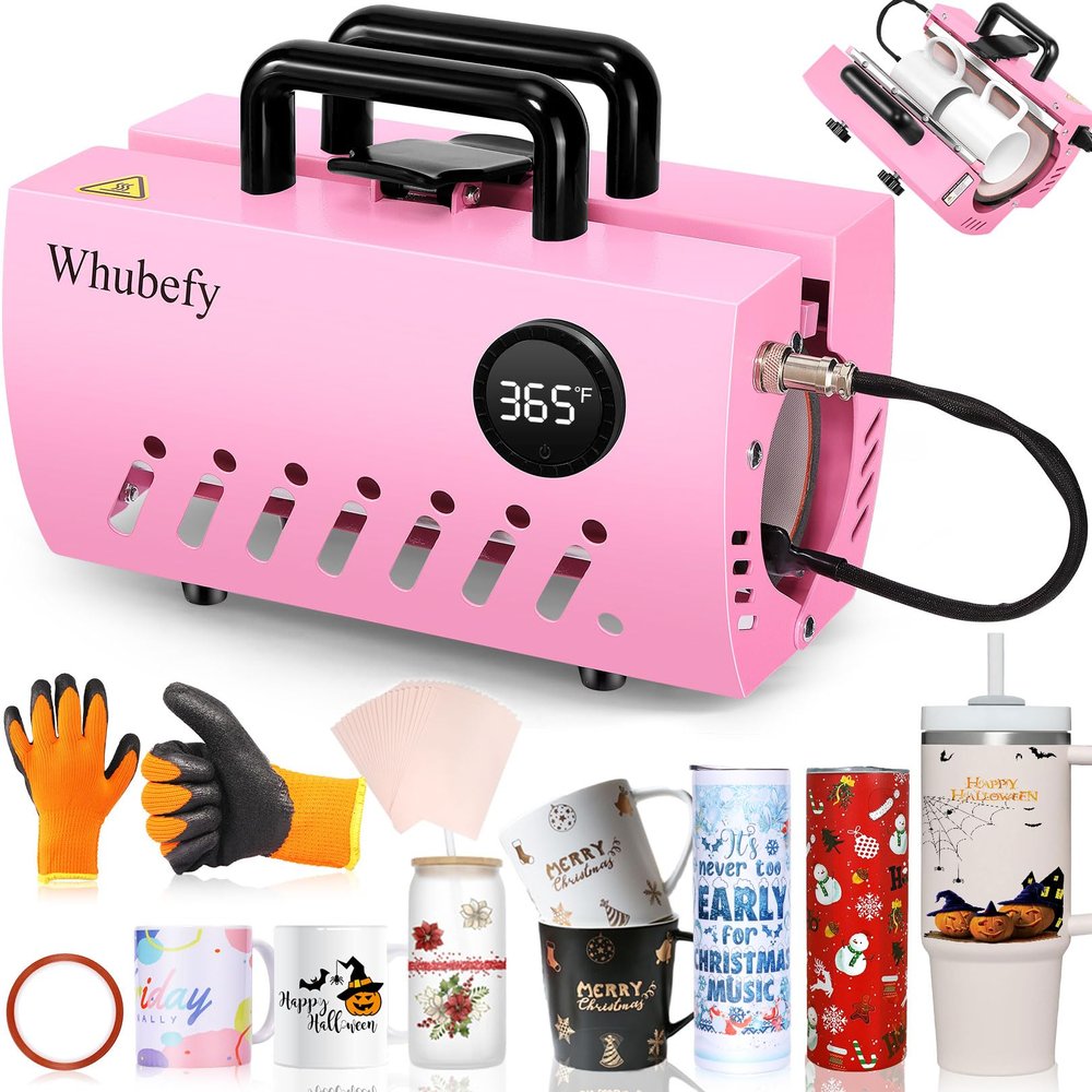Whubefy Tumbler Heat Press Machine 20 and 30 oz, Pink Mug Tumbler Press Sublimation Machine for 20-30oz Blank Skinny Straight Tumblers, Cap Press for 11-16OZ Ceramic/Glass Mugs with Heat Paper/Gloves