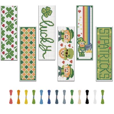 FREEBLOSS 6 Set Cross Stitch Kits - St. Patrick's Day Themed Punch Needle Kit for Beginners - Bookmark Making Gift