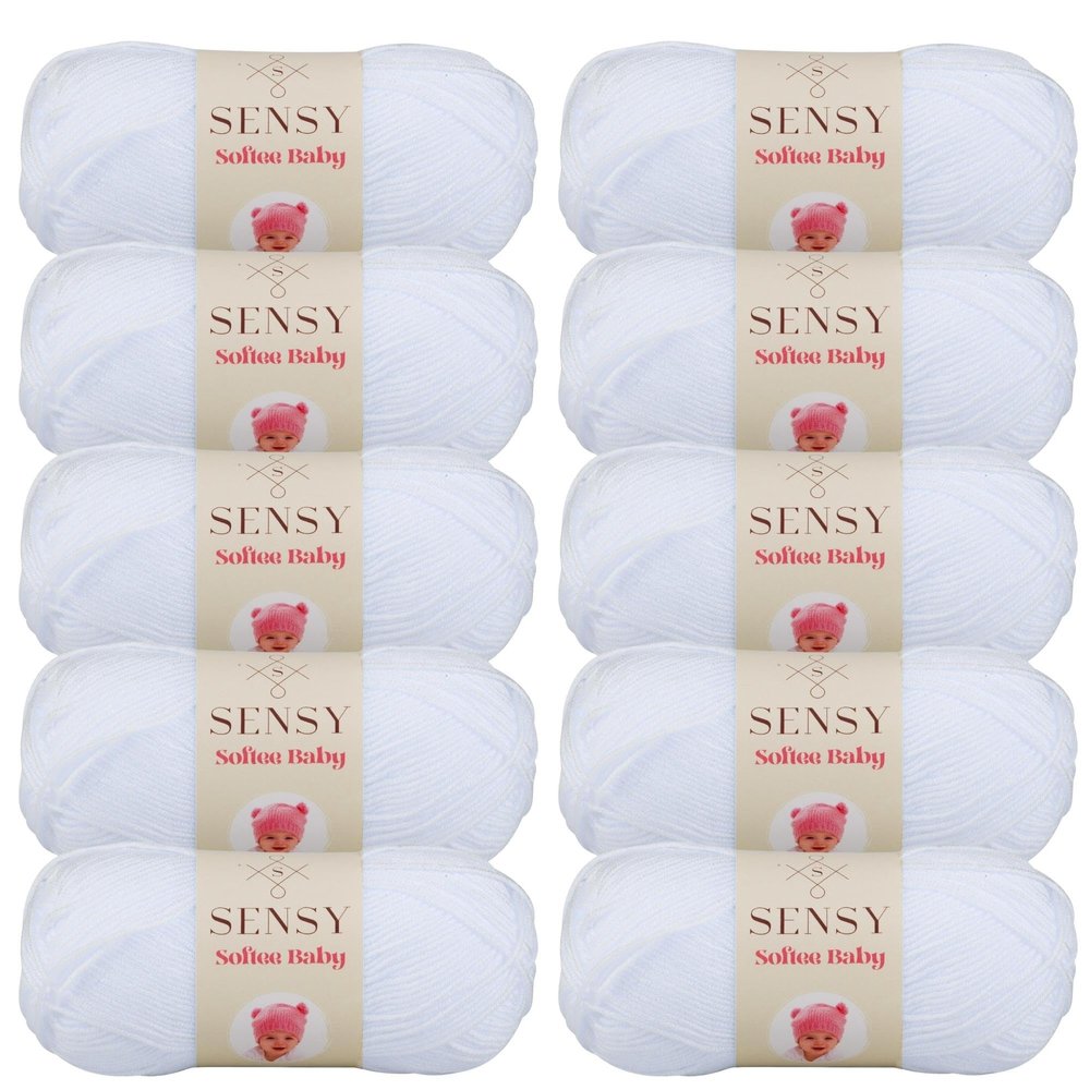 10 Skeins of Sensy Softee Baby Yarn, 3.5 oz, 275 Yards, Gauge 3 Light (White)