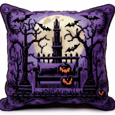 Purple Halloween Night Latch Hook Pillow Kit Set Cushion Cover Latch Hook Kits Throw Pillowcase Craft Needlework Printed Pattern Canvas Pillow Cover Hand Craft 17 x 17 Inch