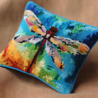 Latch Hook Kits Pillow Cover for Beginner Color Printed Canvas Yarn Crocheting Carpet Cushion Embroidery Hook and Latch Pillowcase Sofa Decoration 43x43cm Dragonfly 1