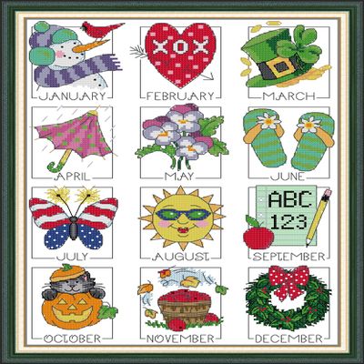 Aiorkeng Cross Stitch Kits Stamped Full Range of Embroidery Starter Kits for Beginners DIY 11CT 3 Strands-Printed kit Twelve Months (Printed) 1520.1 inches