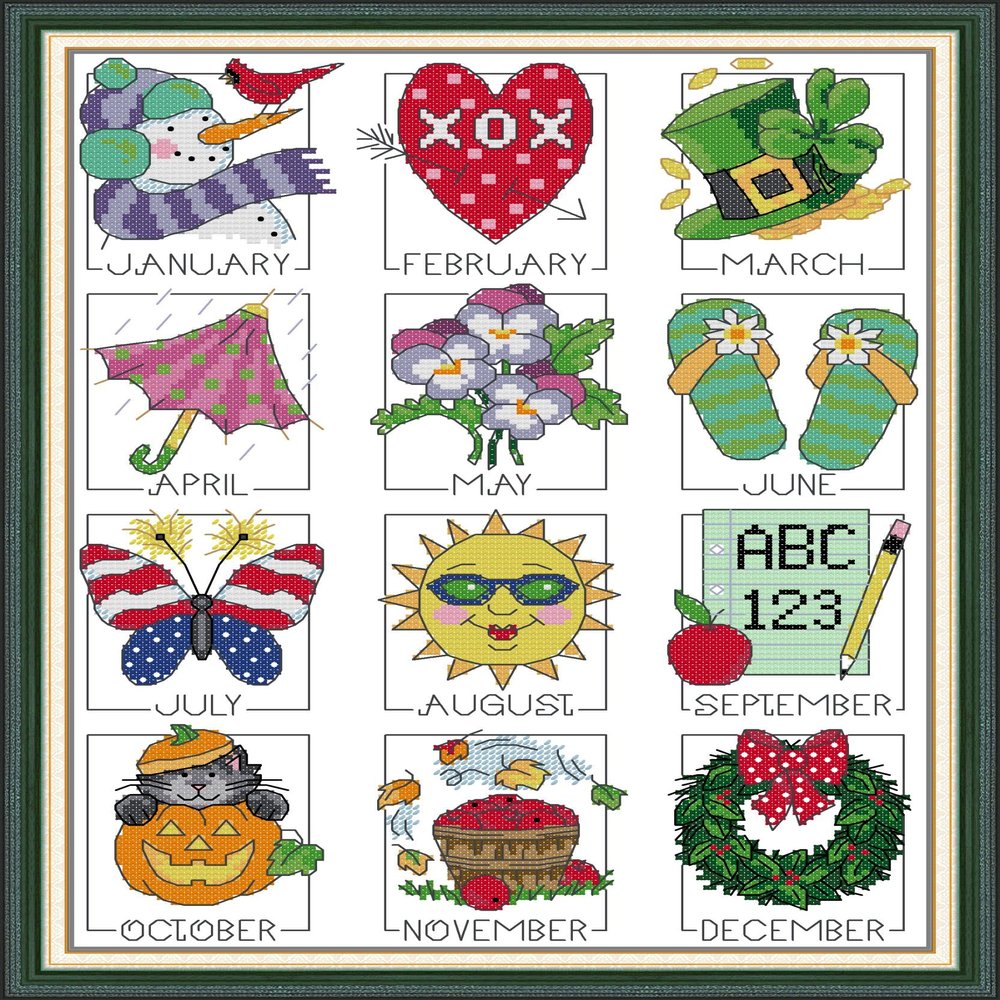 Aiorkeng Cross Stitch Kits Stamped Full Range of Embroidery Starter Kits for Beginners DIY 11CT 3 Strands-Printed kit Twelve Months (Printed) 1520.1 inches