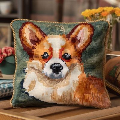 Corgi Dog Latch Hook Kits Cushion Pillow Cover Set Latch Hook Kits Throw Pillowcase Craft Crochet Needlework Printed Pattern Canvas Cushion Cover Hand Craft 17 x 17 Inch