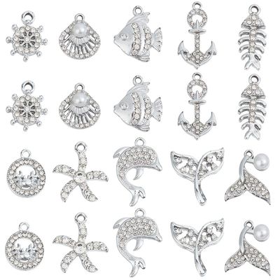 SUNNYCLUE 40Pcs 10 Styles Sea Animal Charms Silver Ocean Charms Bulk Alloy Rhinestone Sea Life Fish Starfish Seashell Animals Charm for Jewelry Making Charms Necklace DIY Crafts Earring Crafts Women