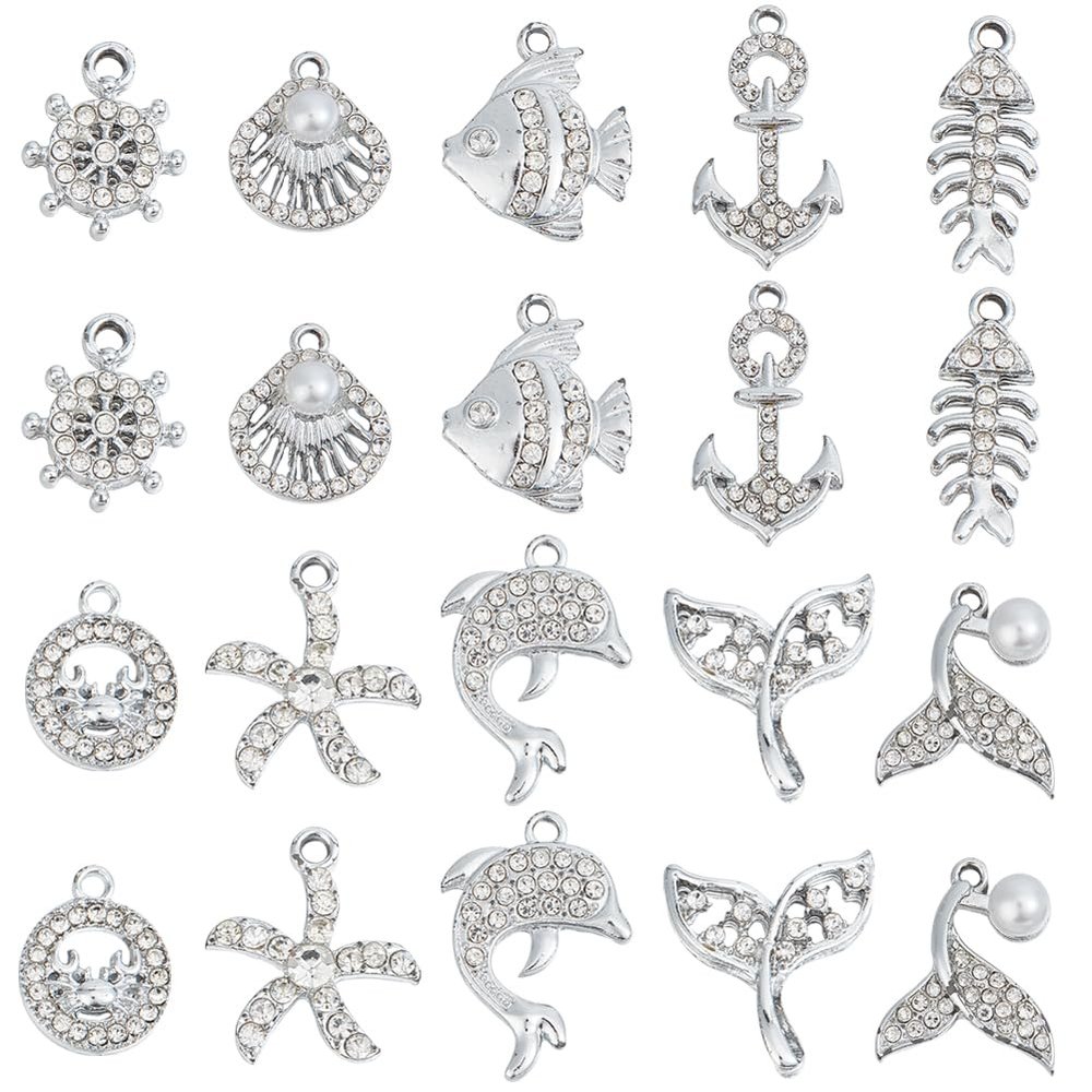SUNNYCLUE 40Pcs 10 Styles Sea Animal Charms Silver Ocean Charms Bulk Alloy Rhinestone Sea Life Fish Starfish Seashell Animals Charm for Jewelry Making Charms Necklace DIY Crafts Earring Crafts Women