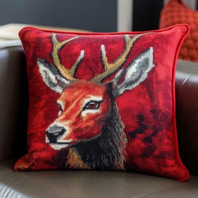 Latch Hook Kits Pillow Cover for Beginner Color Printed Canvas Yarn Crocheting Carpet Cushion Embroidery Hook and Latch Pillowcase Sofa Decoration 43x43cm Red Deer 4