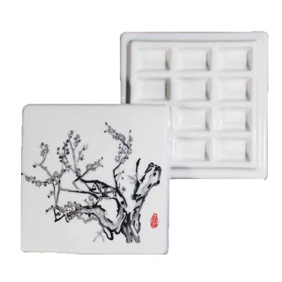 NASTYA 12 Grid Ceramic Small Color Palette with Lid, Easy to Use, Chinese Painting Watercolor Gouache Easy-to-Clean Moisturizing Pigment Palette. (Color : Chrysanthemum)