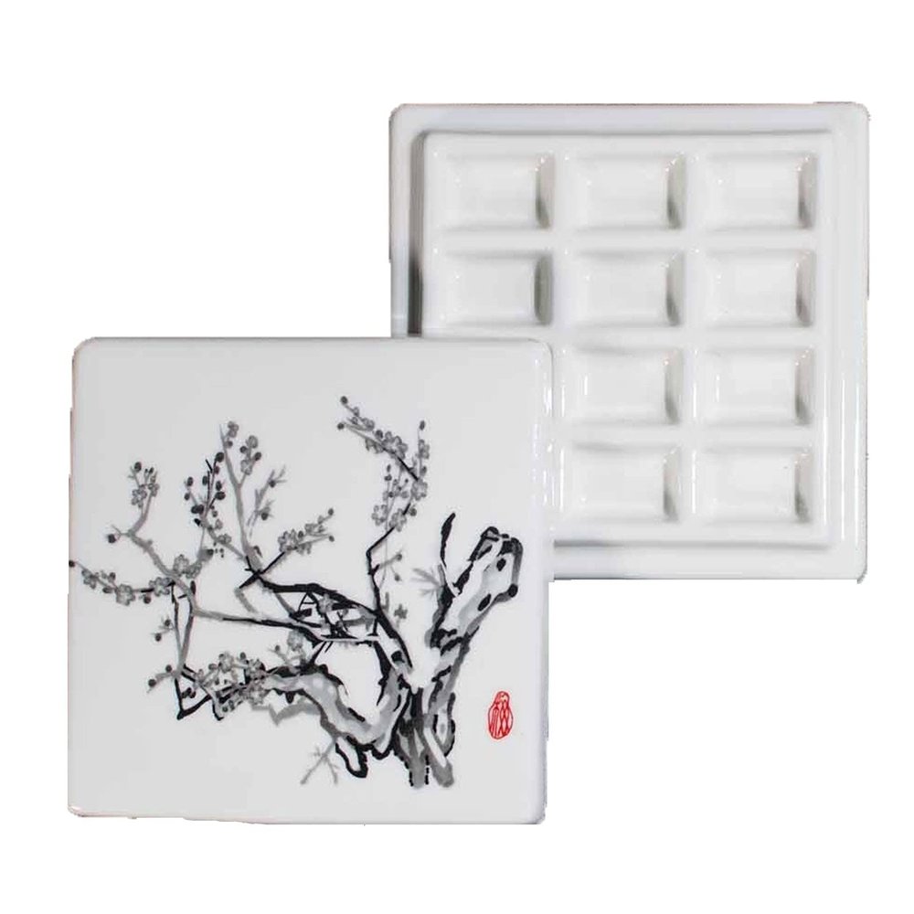 NASTYA 12 Grid Ceramic Small Color Palette with Lid, Easy to Use, Chinese Painting Watercolor Gouache Easy-to-Clean Moisturizing Pigment Palette. (Color : Chrysanthemum)