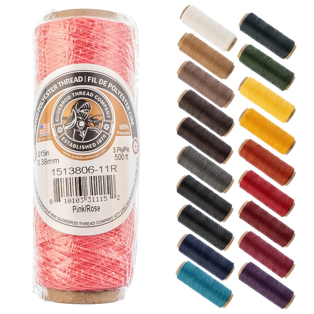 Gudebrod Waxed Thread 3ply Made in USA 500ft (152.4m) Spool 0.38mm (0.015in), Pink
