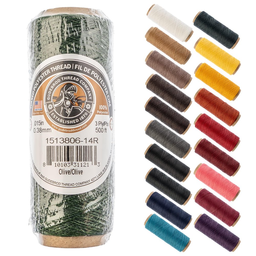 Gudebrod Waxed Thread 3ply Made in USA 500ft (152.4m) Spool 0.38mm (0.015in), Olive